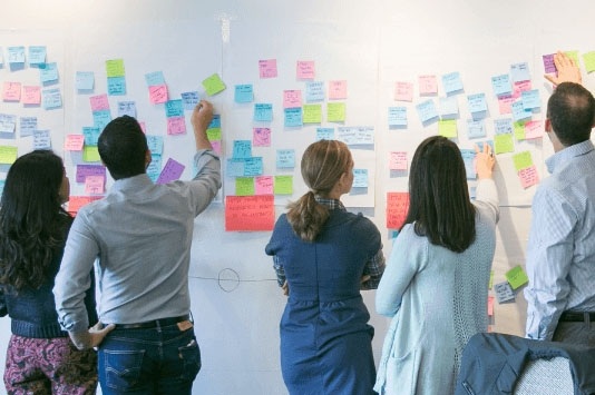 People working together on ideation wall