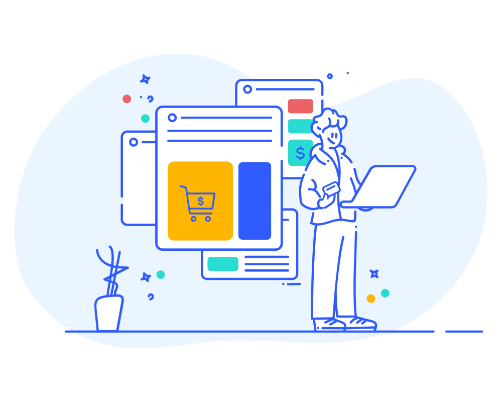 Illustration of person looking at their laptop with shopping cart website behind them